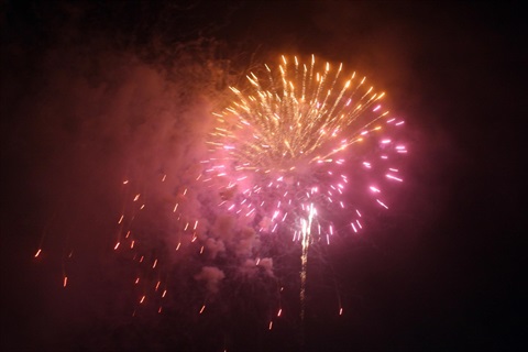 Fireworks going off in orange and pink